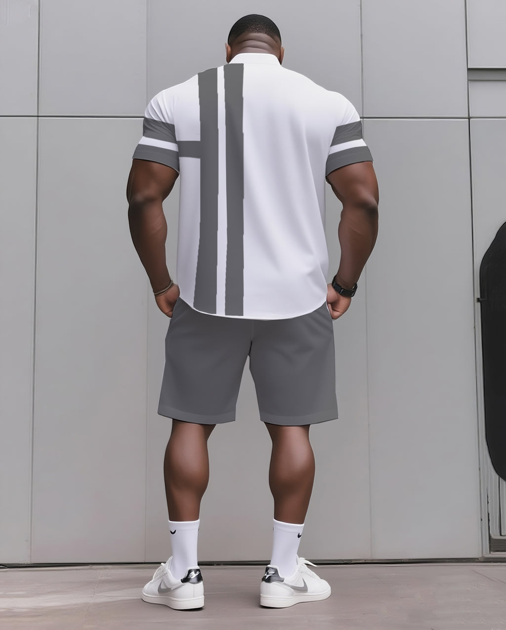 Big & Tall Black Blue Striped T-Shirt Shorts Set for big men view 4