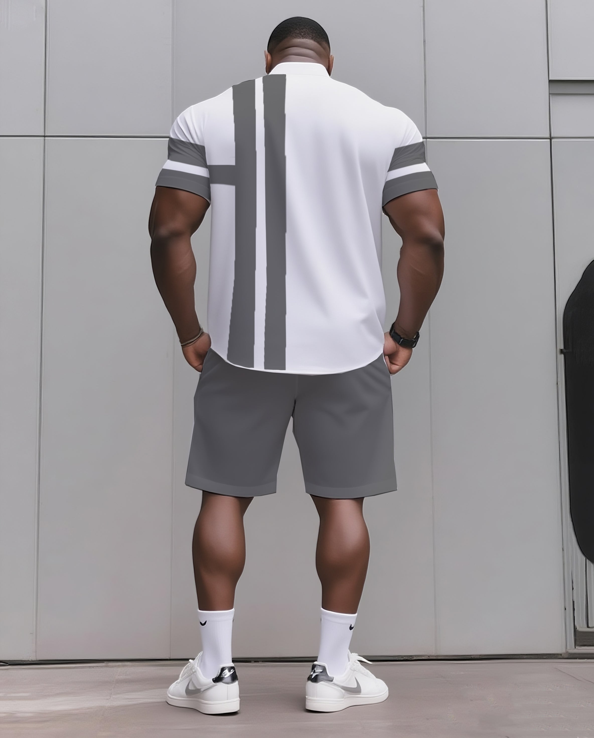 Big & Tall Black Blue Striped T-Shirt Shorts Set for big men view 4