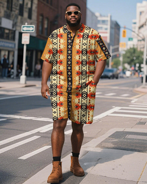 Big & Tall Yellow Colorblock Polo Shorts Set for big men view 1