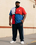 Big & Tall White Blue Geometric T-Shirt Pants Set for big men view 1