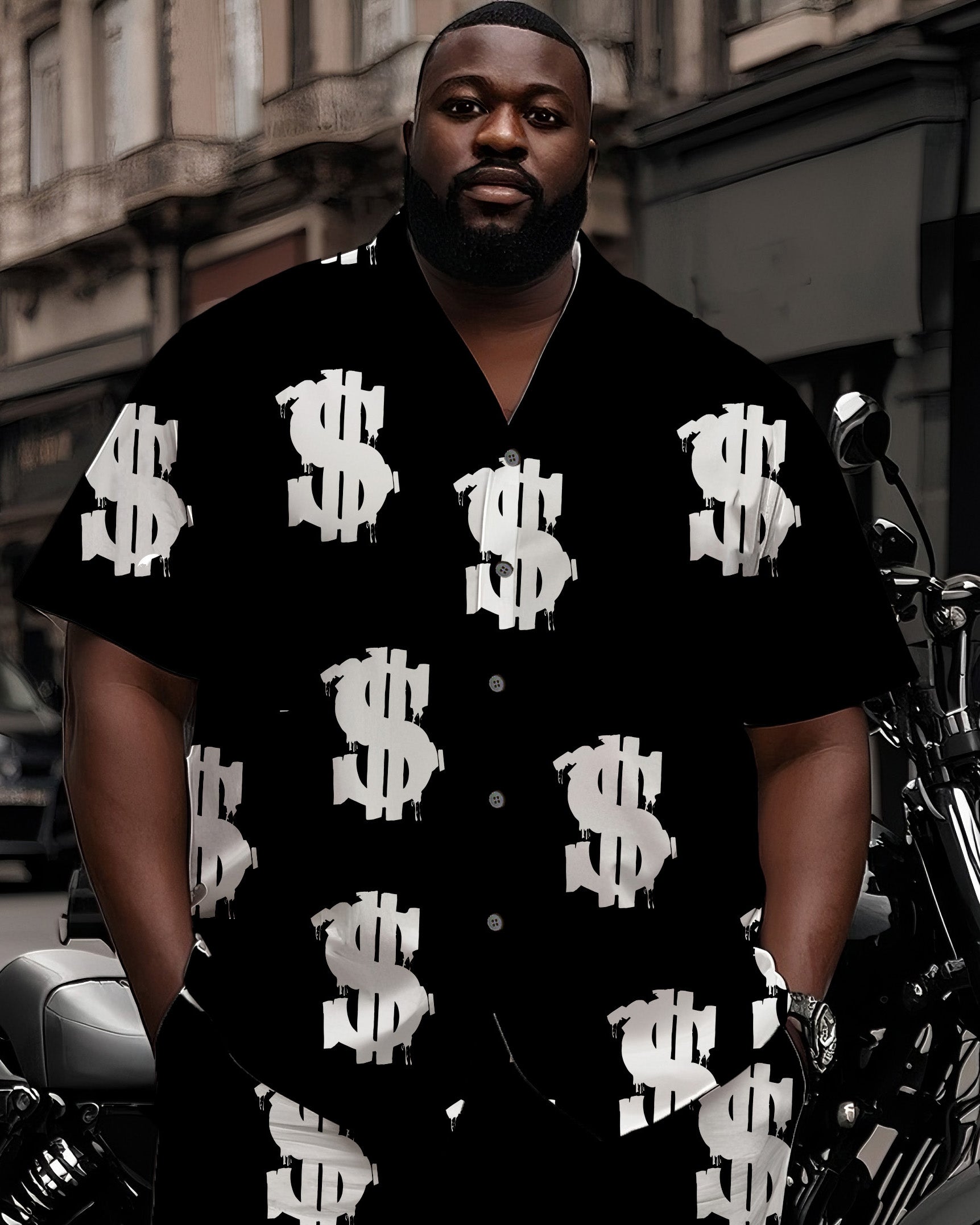 Big & Tall Black White Graphic T-Shirt Shorts Set for big men view 2