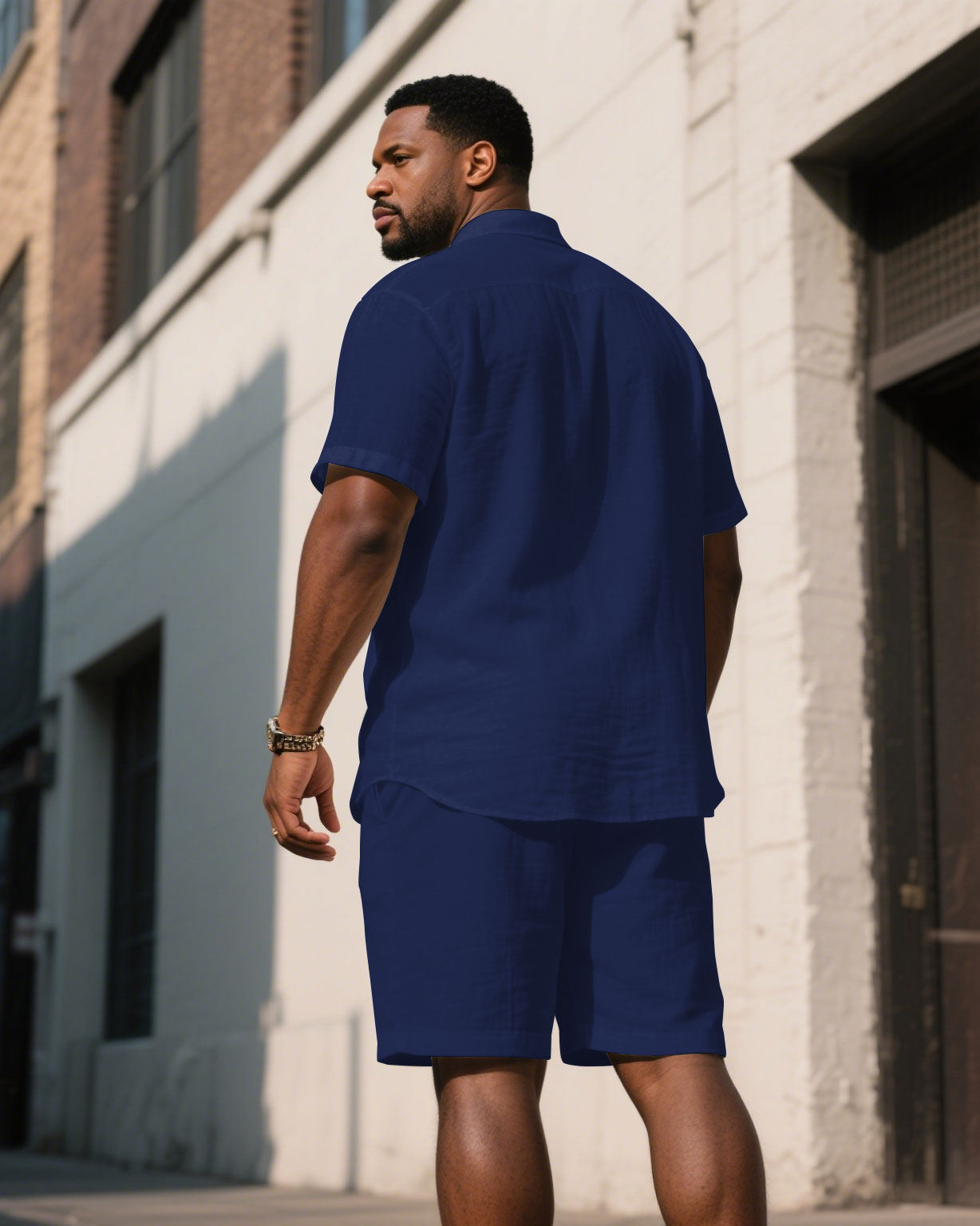 Big & Tall Blue Patchwork T-Shirt Shorts Set for big men view 4