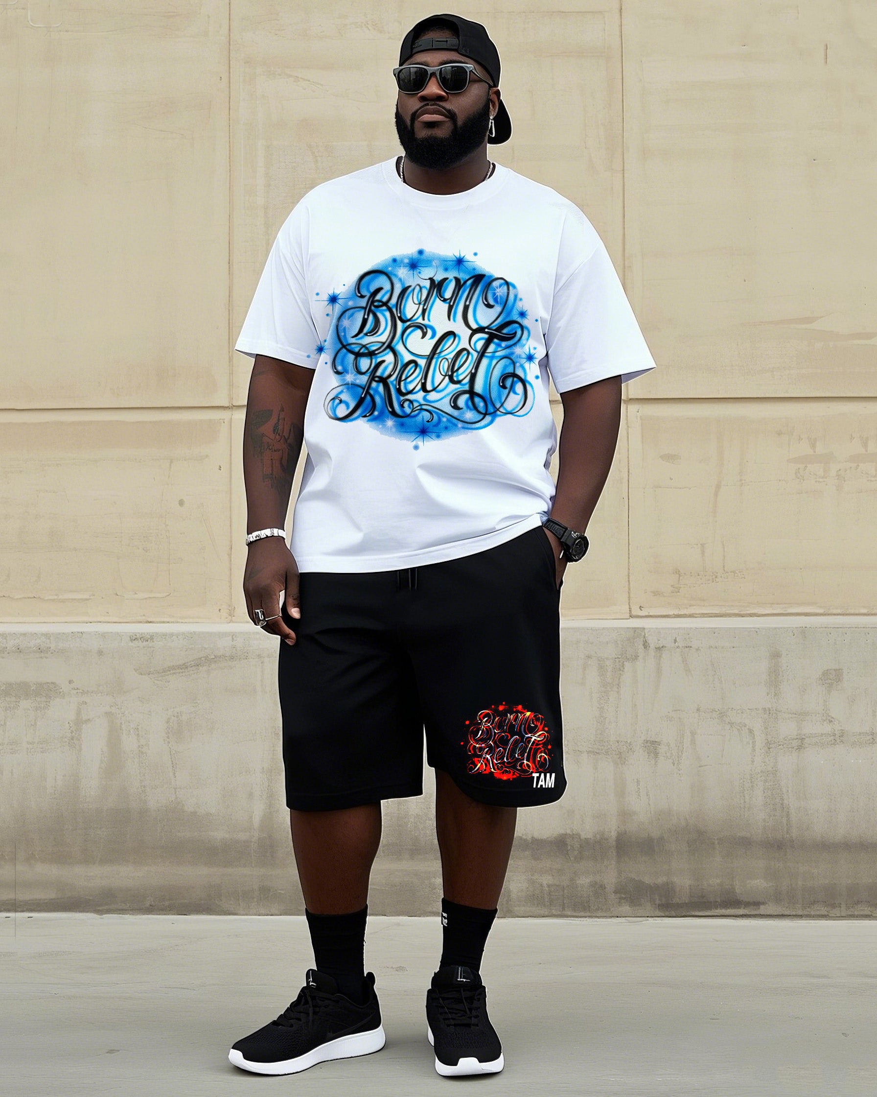 Big & Tall Graffiti Streetwear T-Shirt Shorts Set for big men view 2