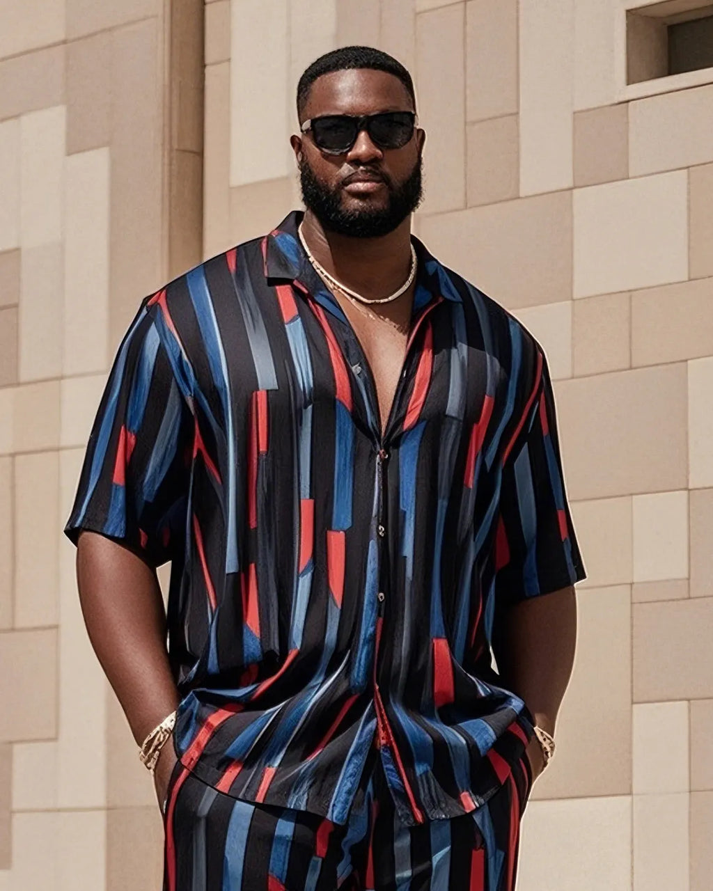 Big & Tall Black Blue Colorblock T-Shirt Shorts Set for big men view 2