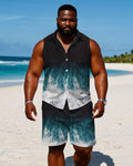 Big & Tall Black White Hawaiian T-Shirt Shorts Set for big men view 1