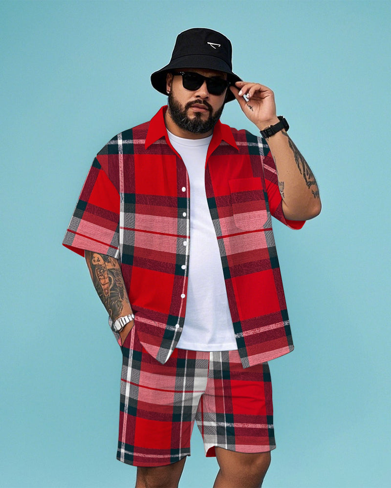Big & Tall Red Plaid T-Shirt Shorts Set for big men view 1