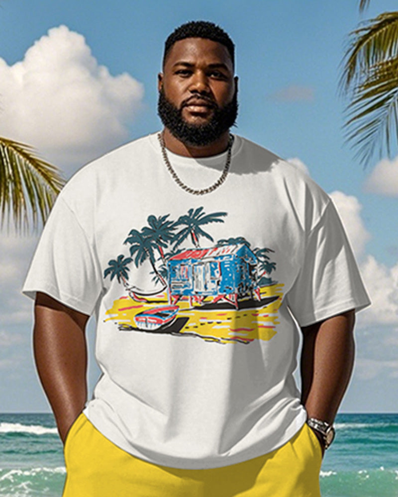 Big & Tall Yellow Hawaiian Graphic T-Shirt Shorts Set for big men view 2