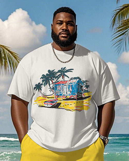 Big & Tall Yellow Hawaiian Graphic T-Shirt Shorts Set for big men view 2