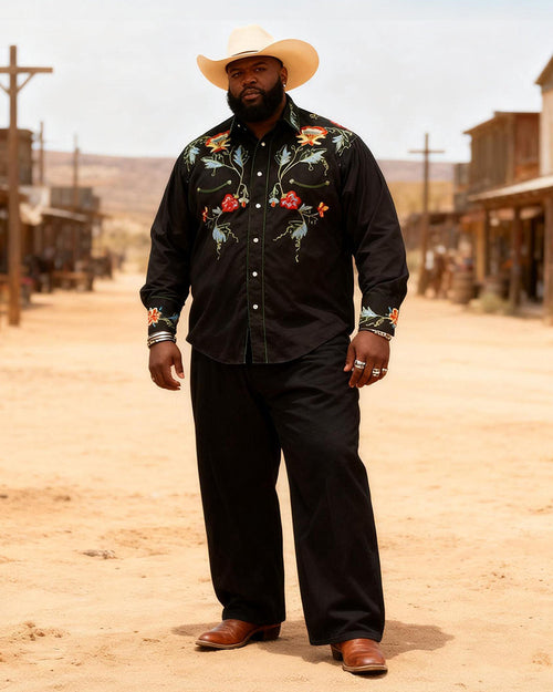 Big & Tall Black Western Graphic T-Shirt Pants Set for big men view 1