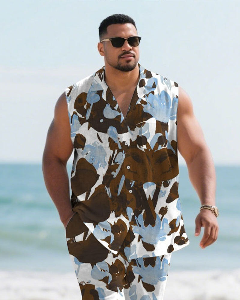 Big & Tall White Brown Hawaiian Shirt Shorts Set for big men view 2