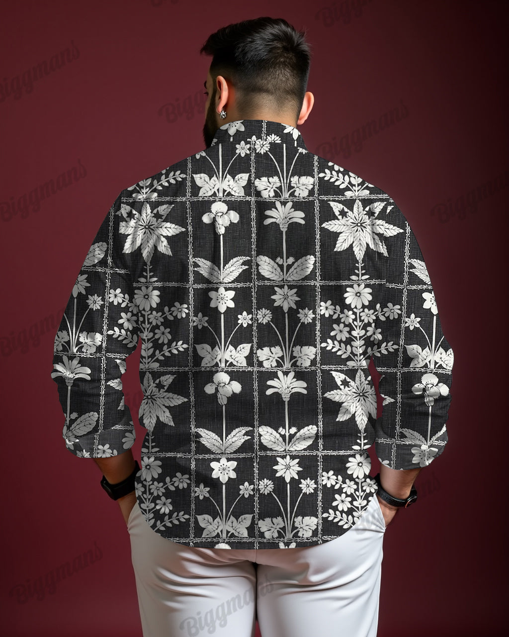 Big & Tall Black White Hawaiian Long Sleeve Shirt for big men view 2