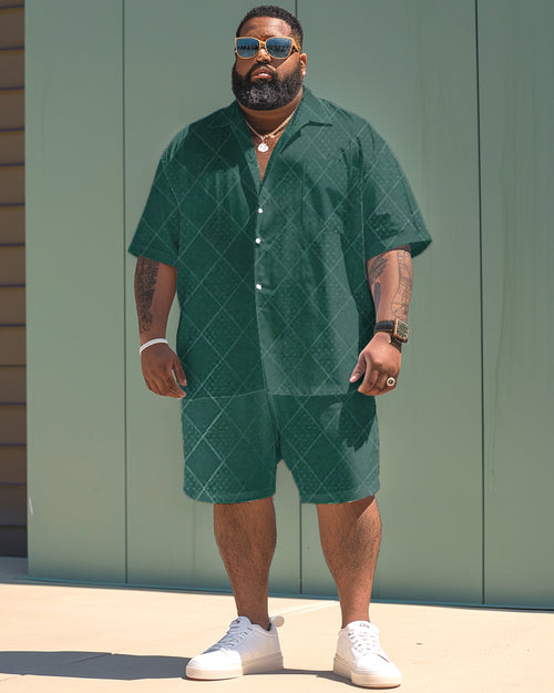 Big & Tall Green Patchwork T-Shirt Shorts Set for big men view 1