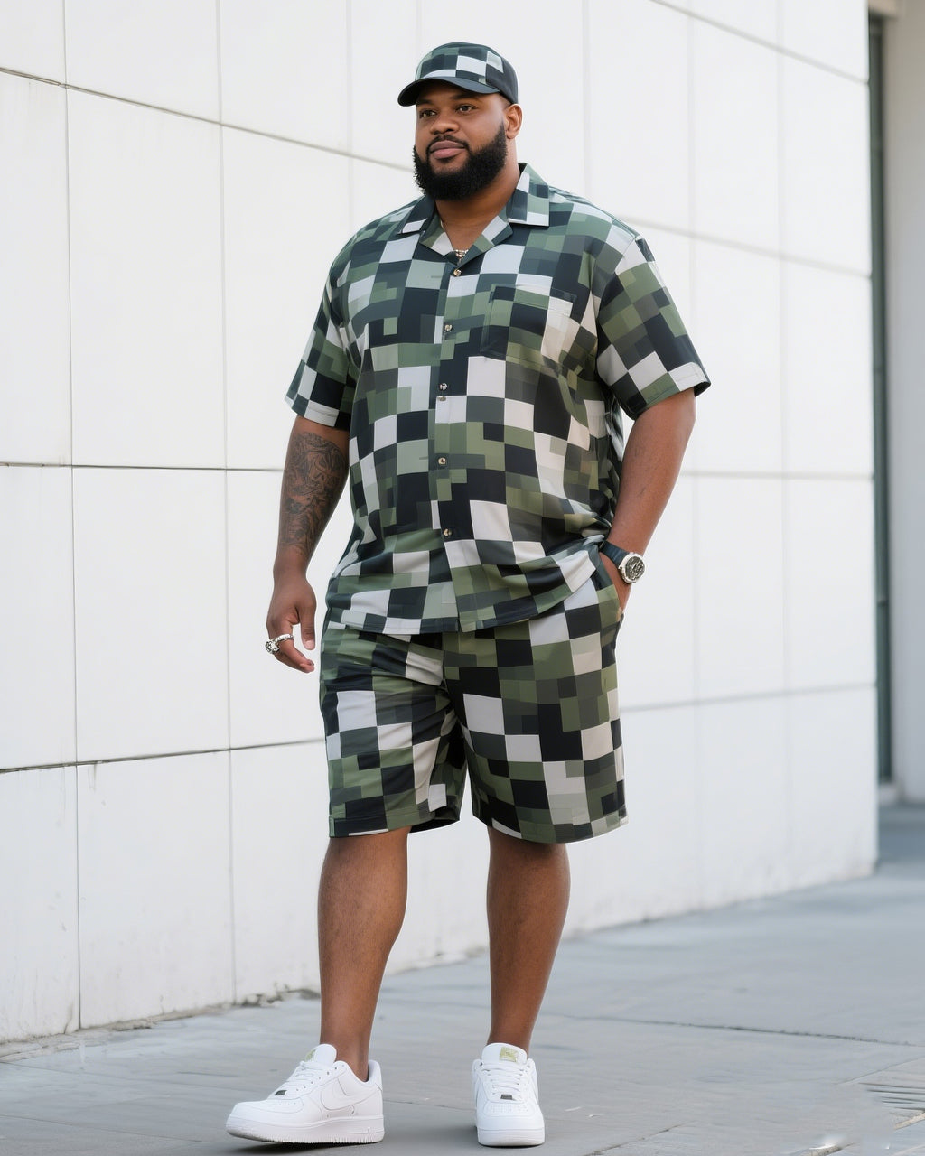Big & Tall Plaid Camouflage T-Shirt Shorts Set for big men view 1