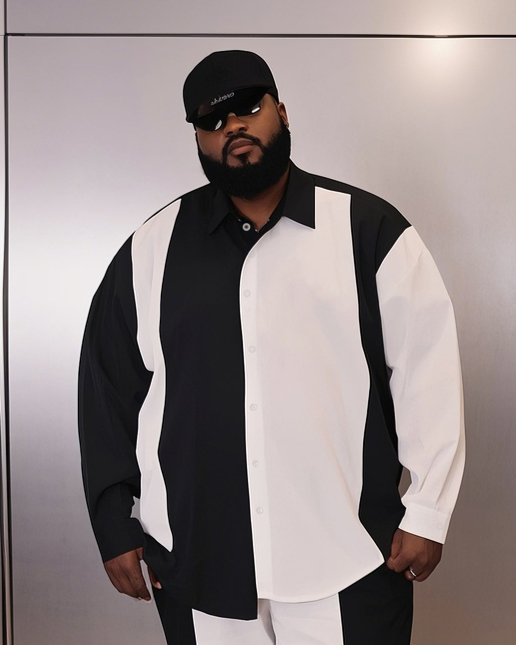 Big & Tall Black White Colorblock T-Shirt Pants Set for big men view 2