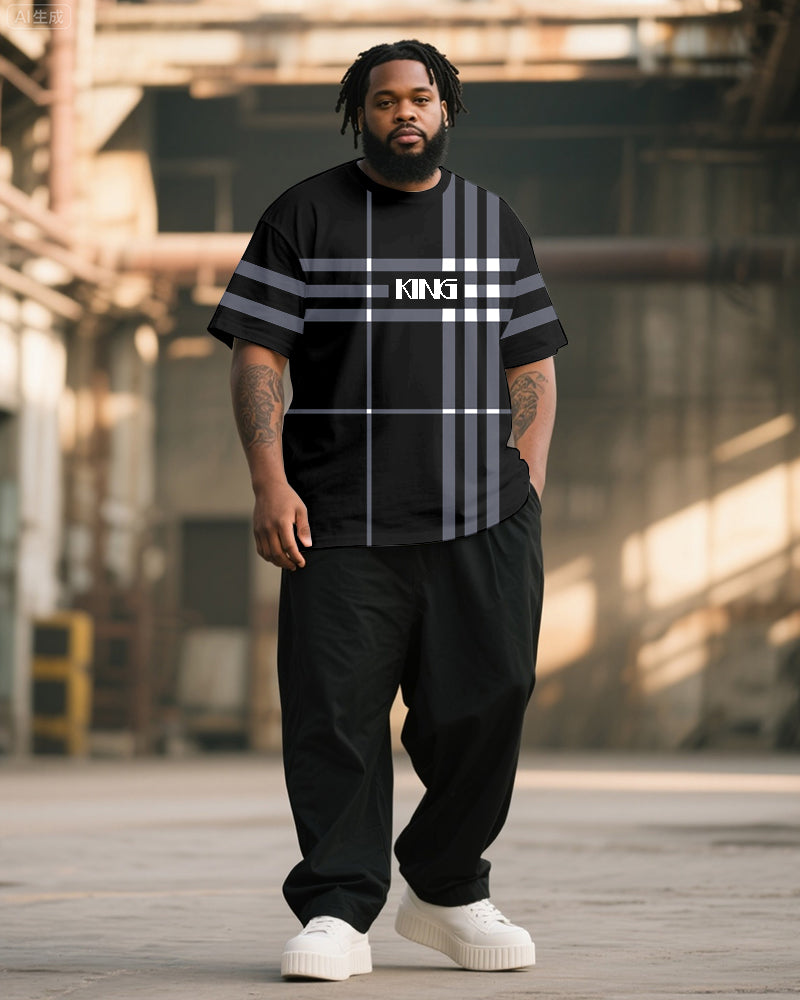 Big & Tall Black Gray Plaid T-Shirt Pants Set for big men view 1
