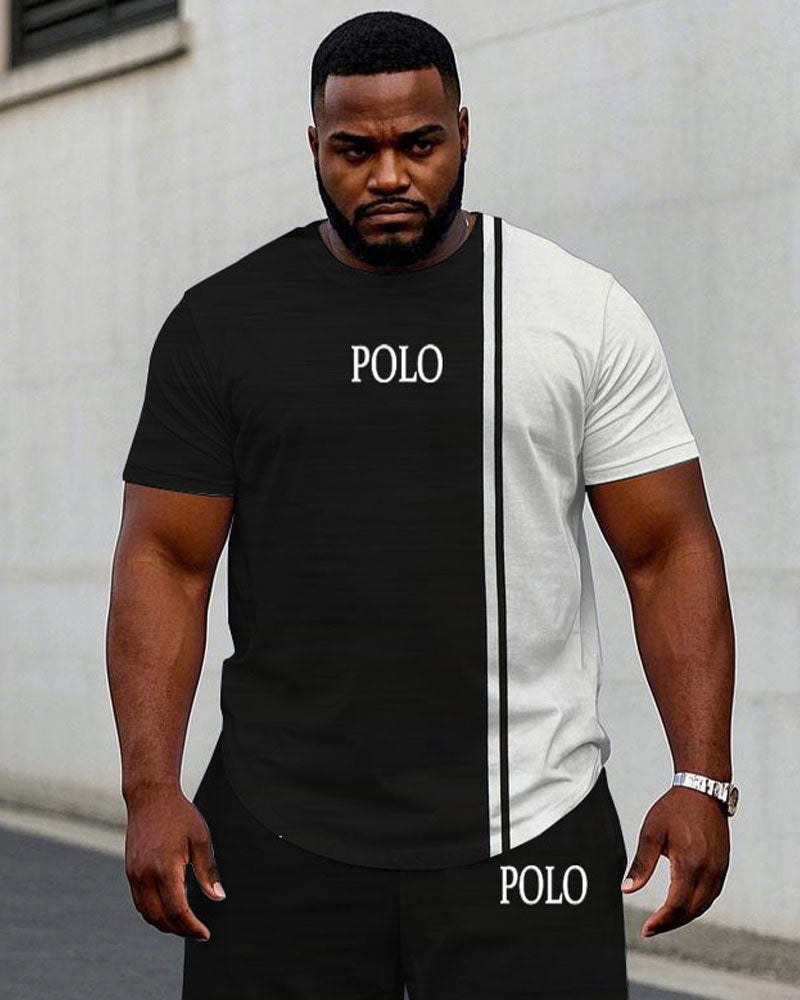 Big & Tall Black White Colorblock T-Shirt Shorts Set for big men view 2