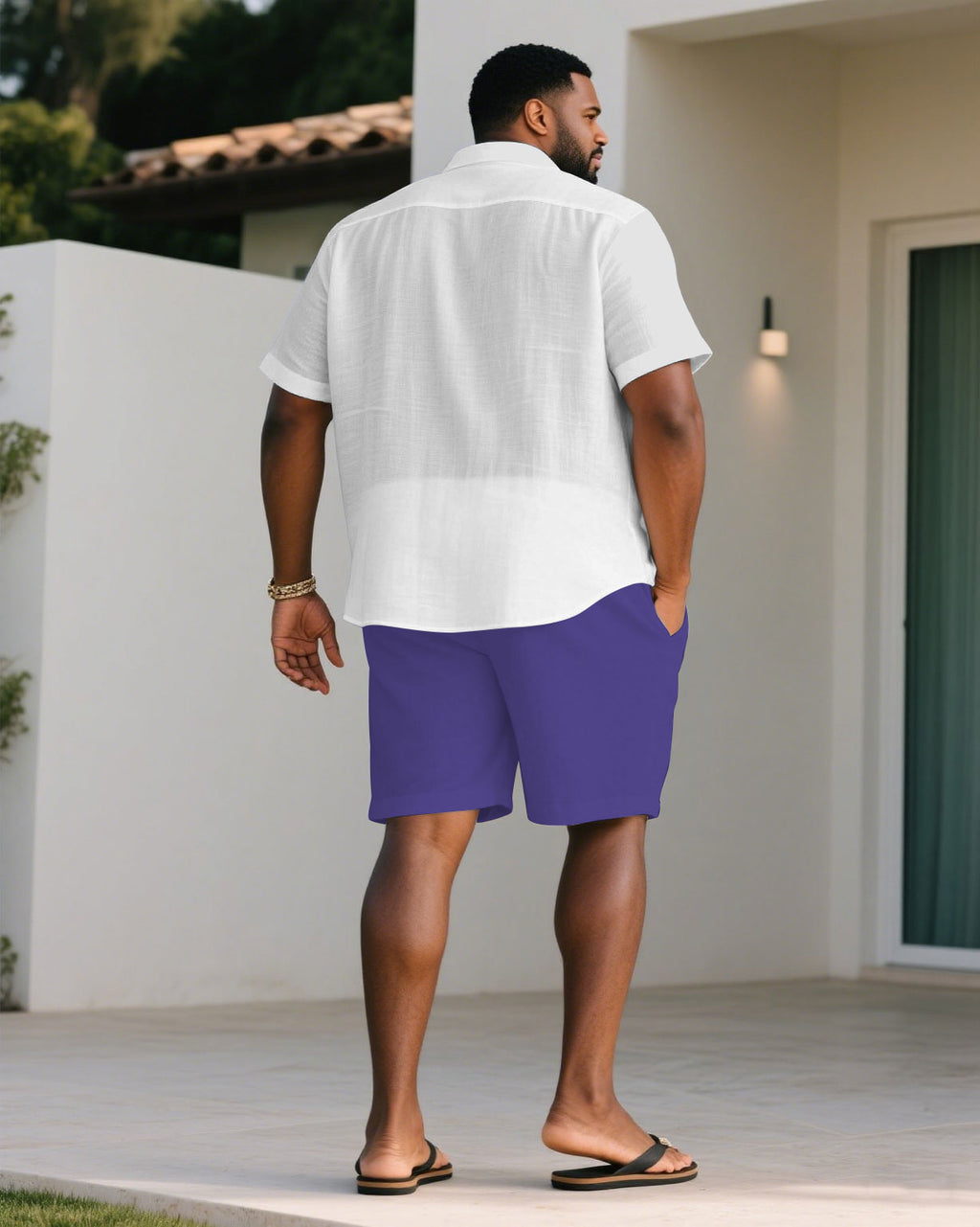 Big & Tall White Purple Hawaiian T-Shirt Shorts Set for big men view 4