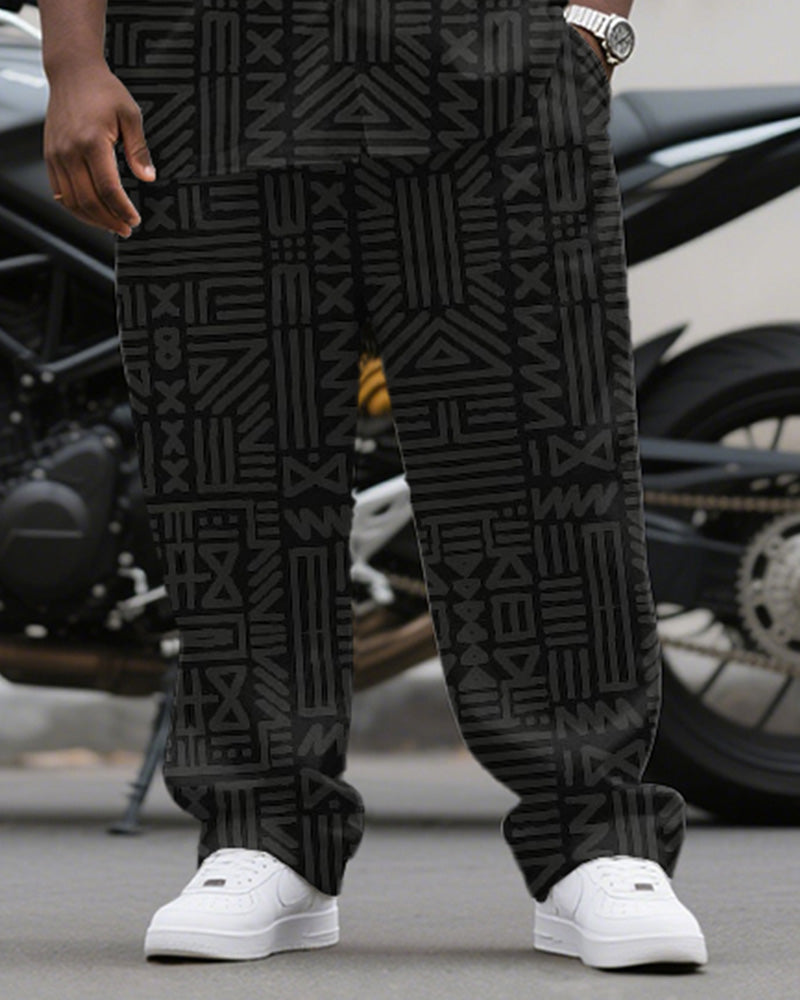 Big & Tall Black Geometric Graphic T-Shirt Pants Set for big men view 3
