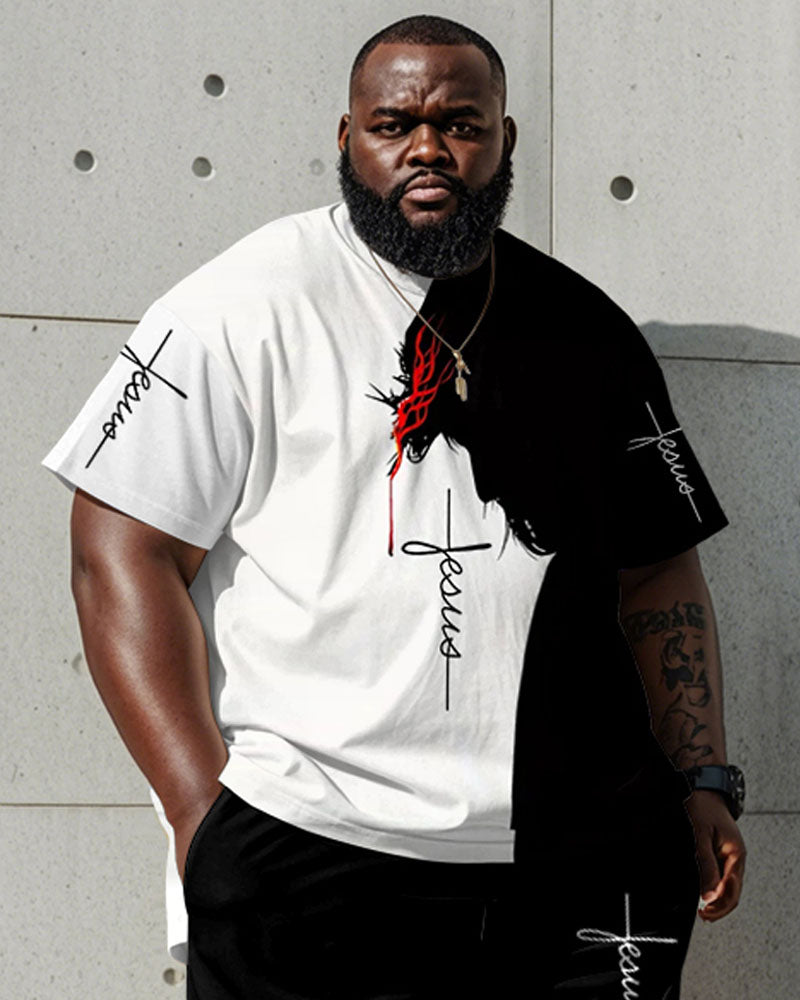 Big & Tall Black White Graphic T-Shirt Shorts Set for big men view 2
