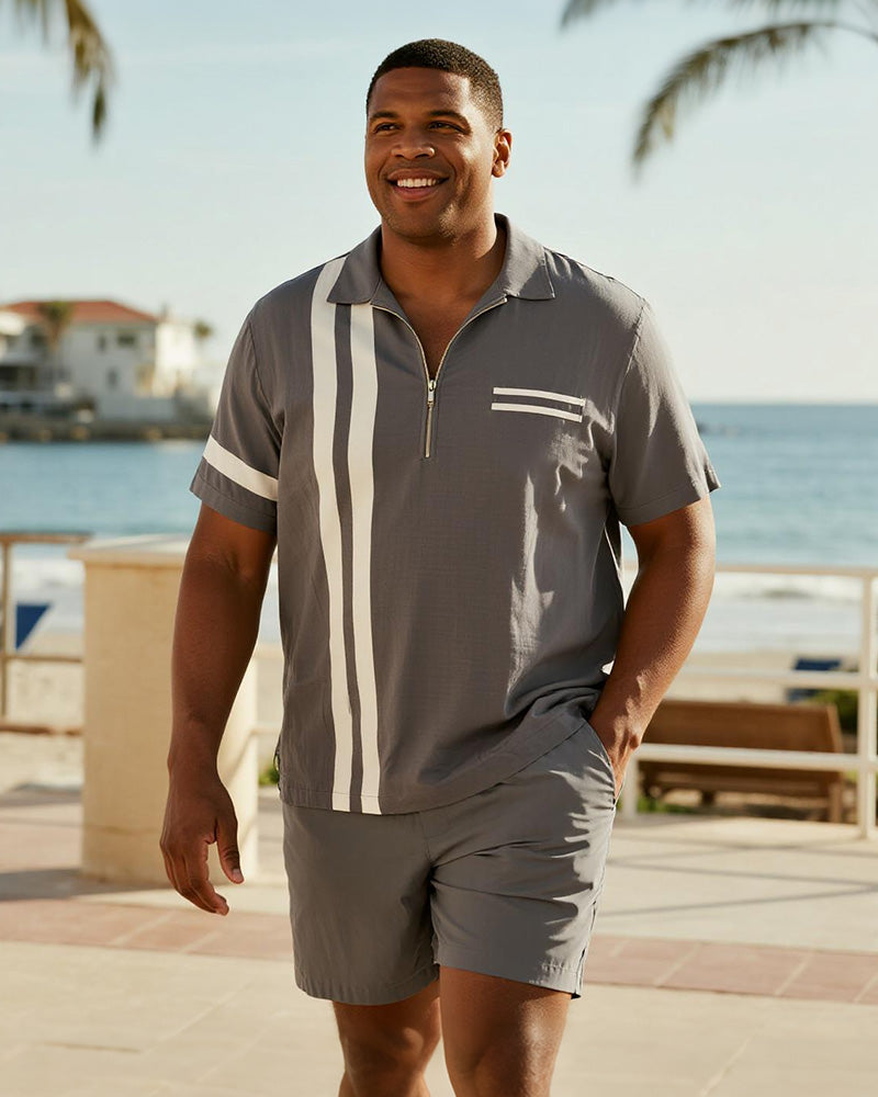 Big & Tall Gray Striped Graphic Polo Shorts Set for big men view 1
