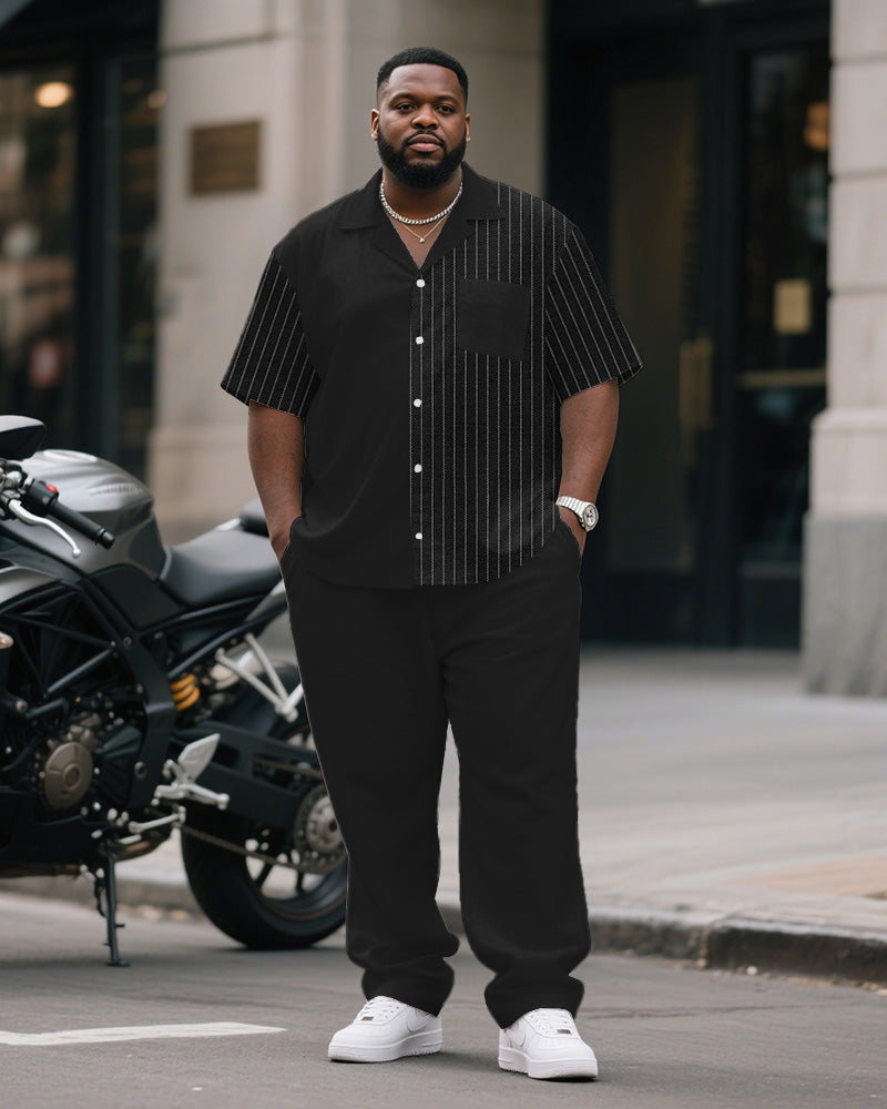 Big & Tall Black Striped Patchwork T-Shirt Pants Set for big men view 1