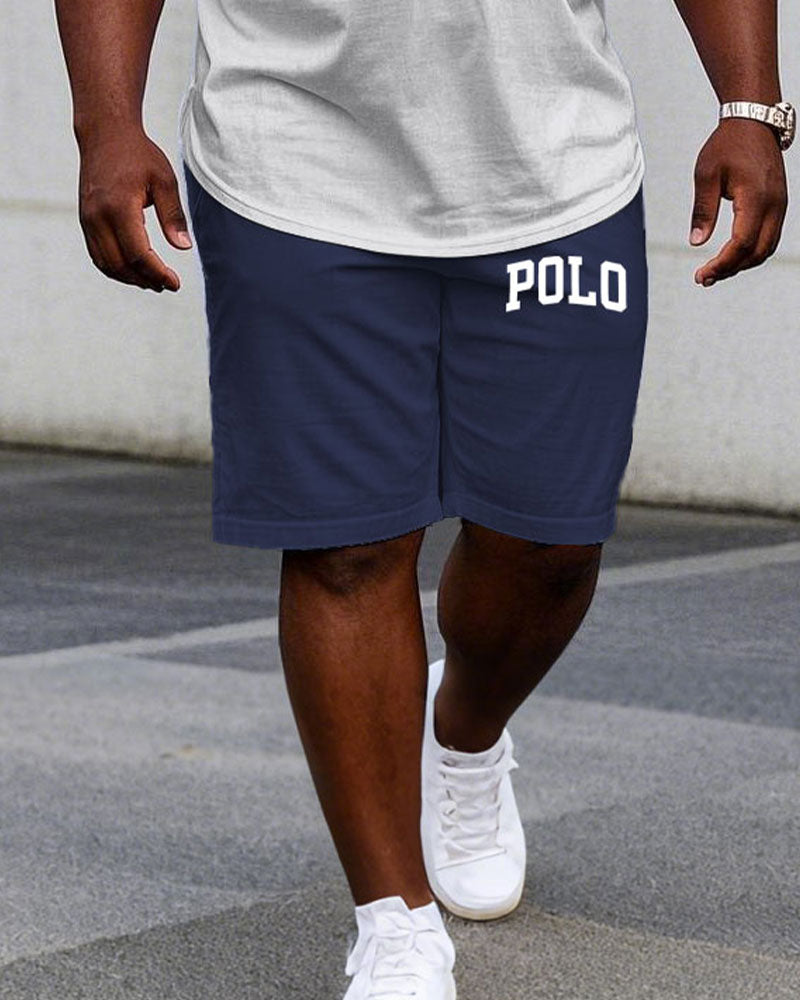 Big & Tall White Blue Colorblock T-Shirt Shorts Set for big men view 3