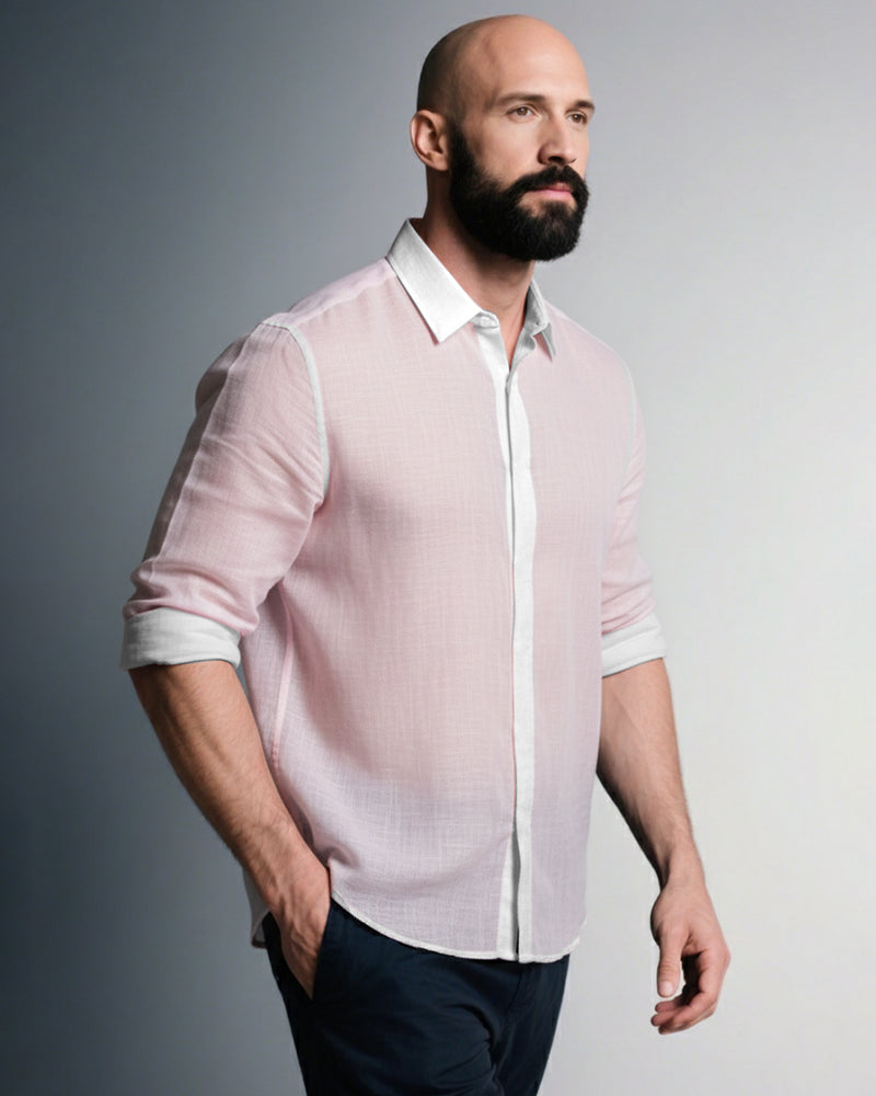 Big & Tall Pink Solid Color Long Sleeve Shirt for big men view 3