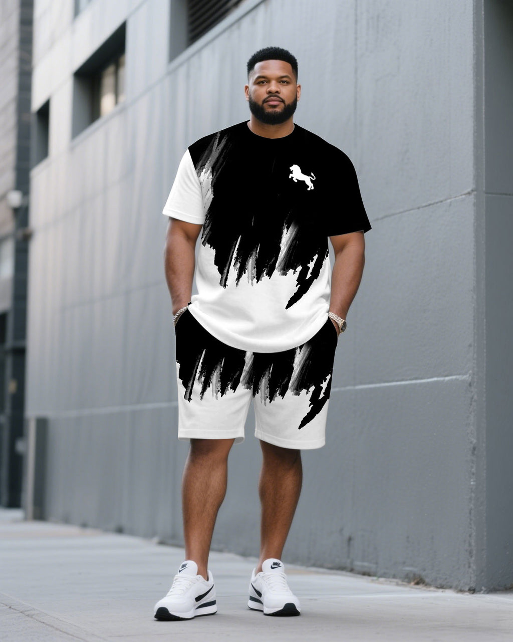 Big & Tall Black White Splash Ink T-Shirt Shorts Set for big men view 1