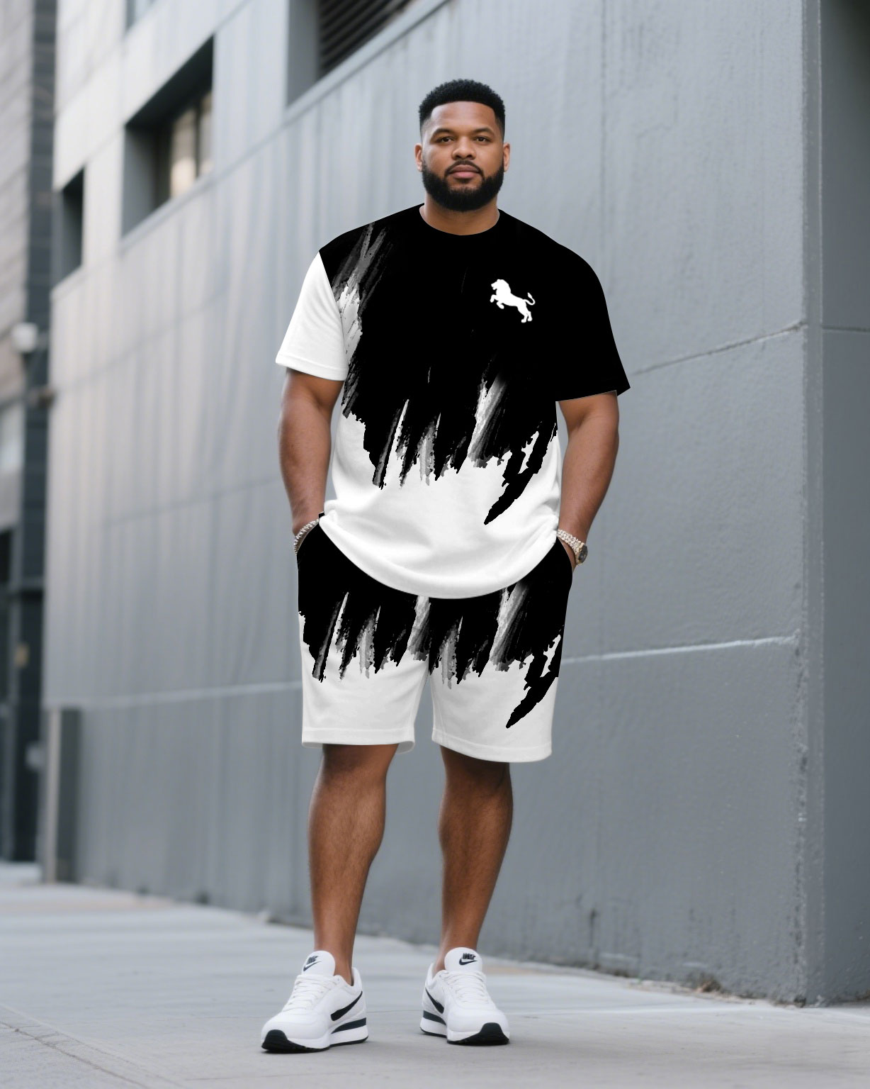 Big & Tall Black White Splash Ink T-Shirt Shorts Set for big men view 1