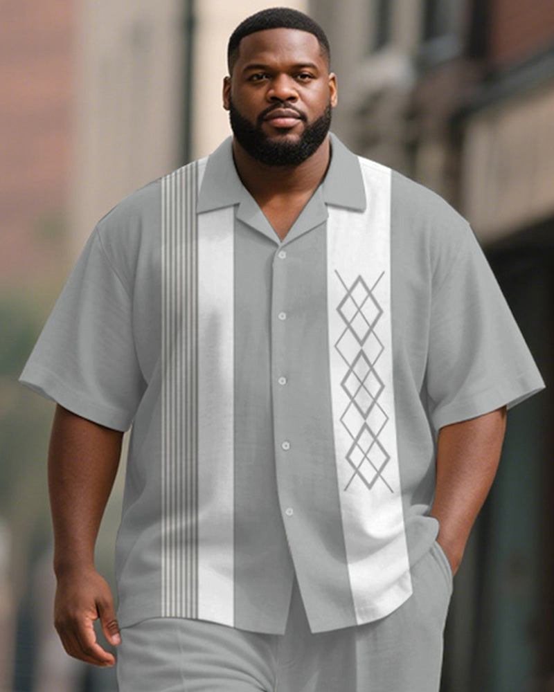 Big & Tall Gray Geometric Striped T-Shirt Pants Set for big men view 2