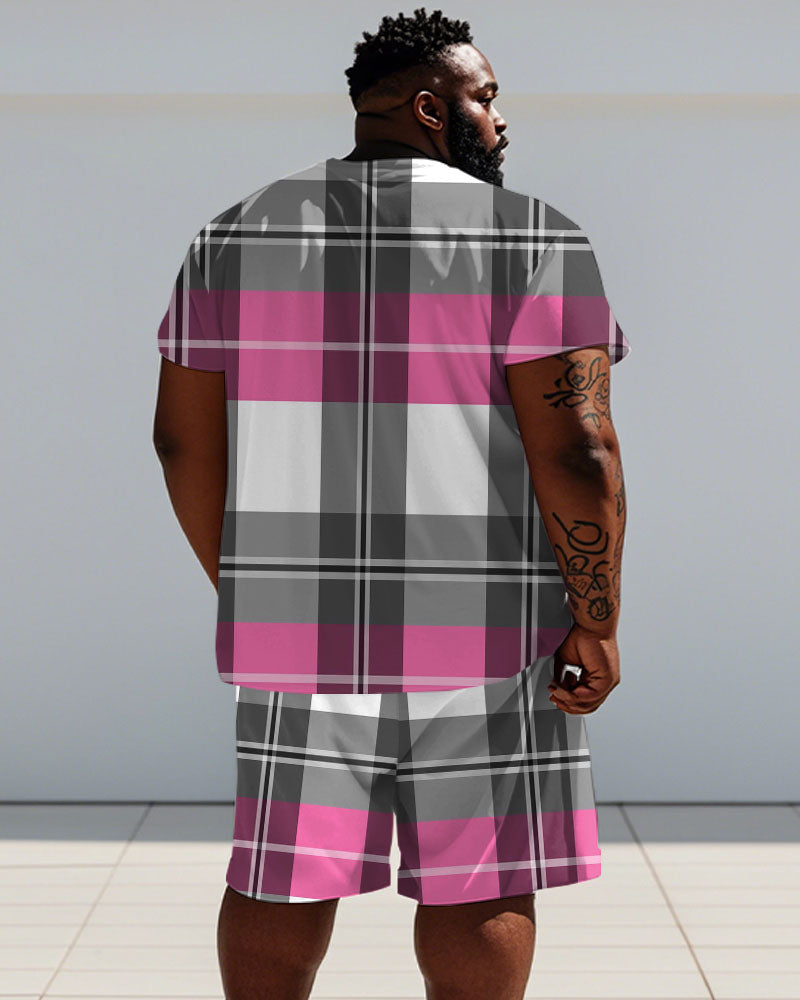 Big & Tall Pink Plaid Graphic T-Shirt Shorts Set for big men view 4