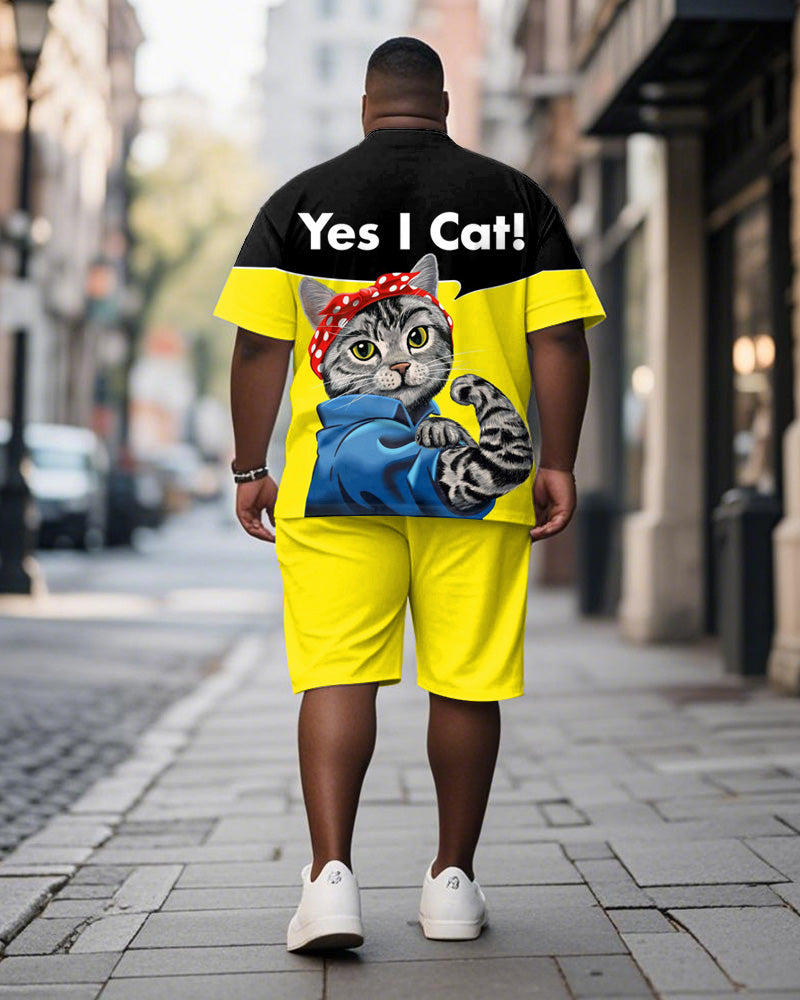 Big & Tall Black Yellow Graphic T-Shirt Shorts Set for big men view 4