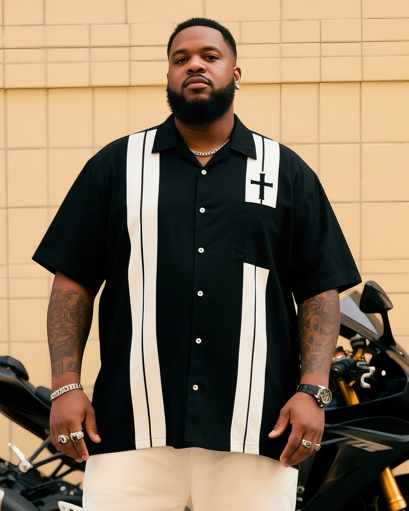 Big & Tall Black Geometric Striped T-Shirt Pants Set for big men view 2