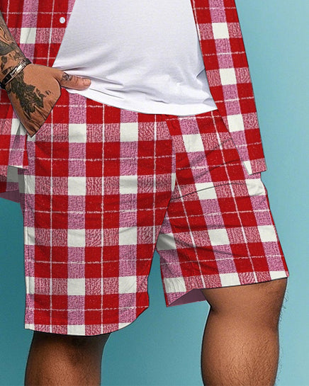 Big & Tall White Red Plaid T-Shirt Shorts Set for big men view 3