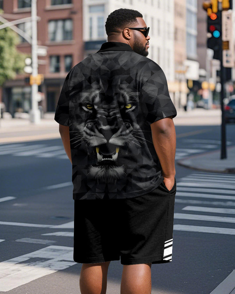 Big & Tall Black Striped Graphic Polo Shorts Set for big men view 5