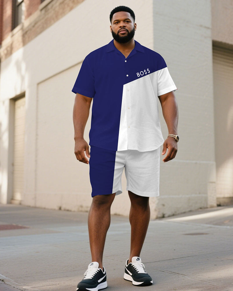 Big & Tall White Blue Hawaiian T-Shirt Shorts Set for big men view 4