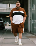 Big & Tall Brown Striped Graphic T-Shirt Shorts Set for big men view 1