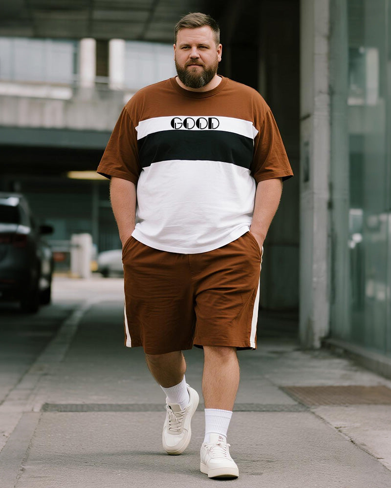 Big & Tall Brown Striped Graphic T-Shirt Shorts Set for big men view 1