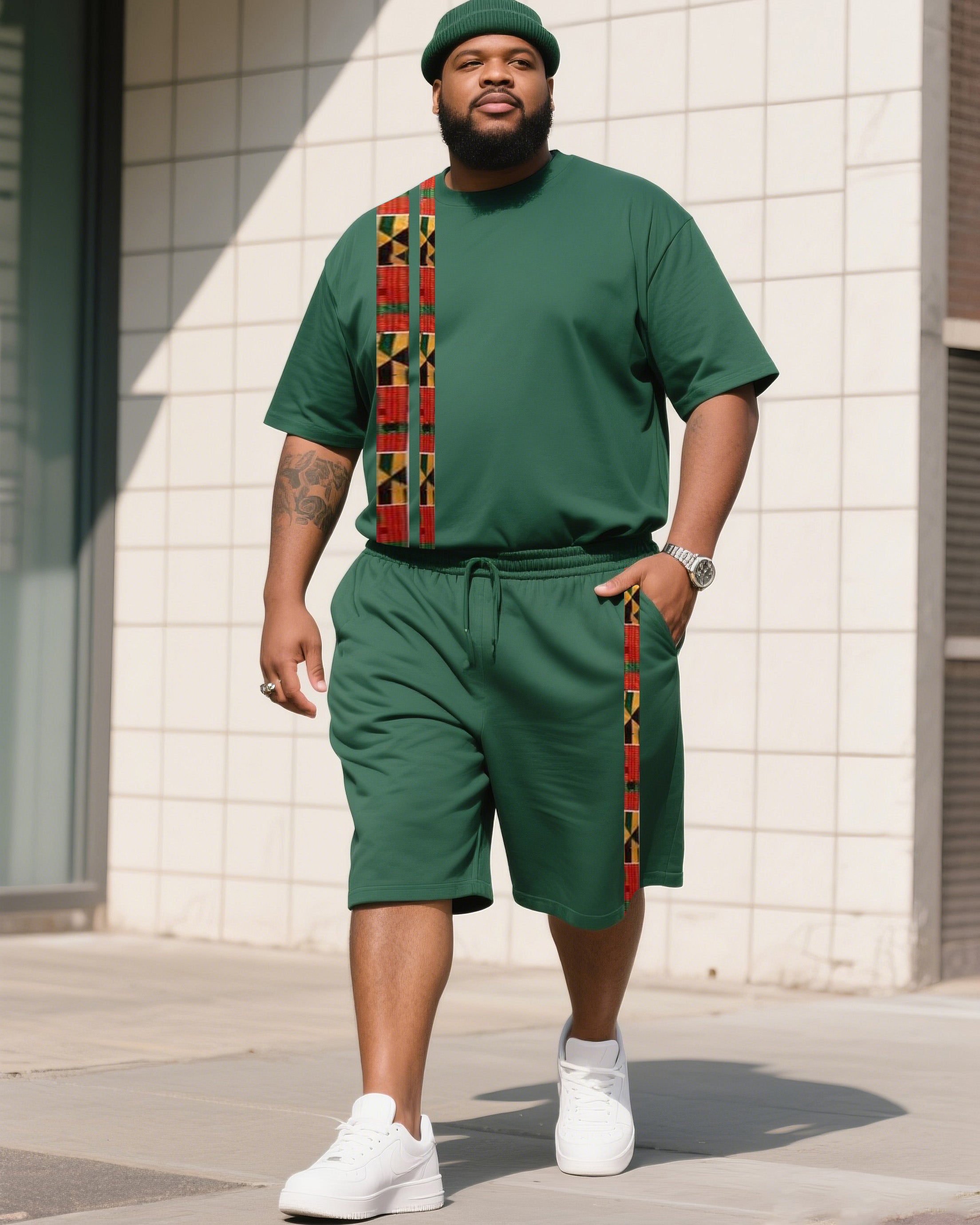 Big & Tall Green Striped Graphic T-Shirt Shorts Set for big men view 1