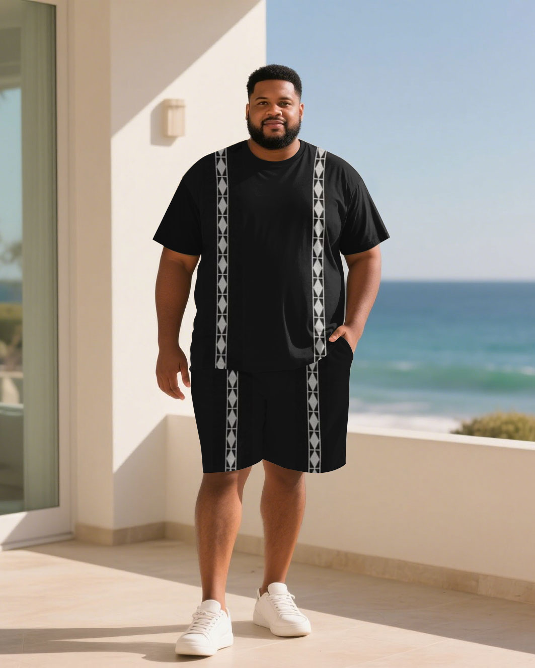 Big & Tall Black Geometric T-Shirt Shorts Set for big men view 1