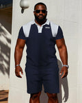 Big & Tall Blue Hawaiian Colorblock Polo Shorts Set for big men view 1