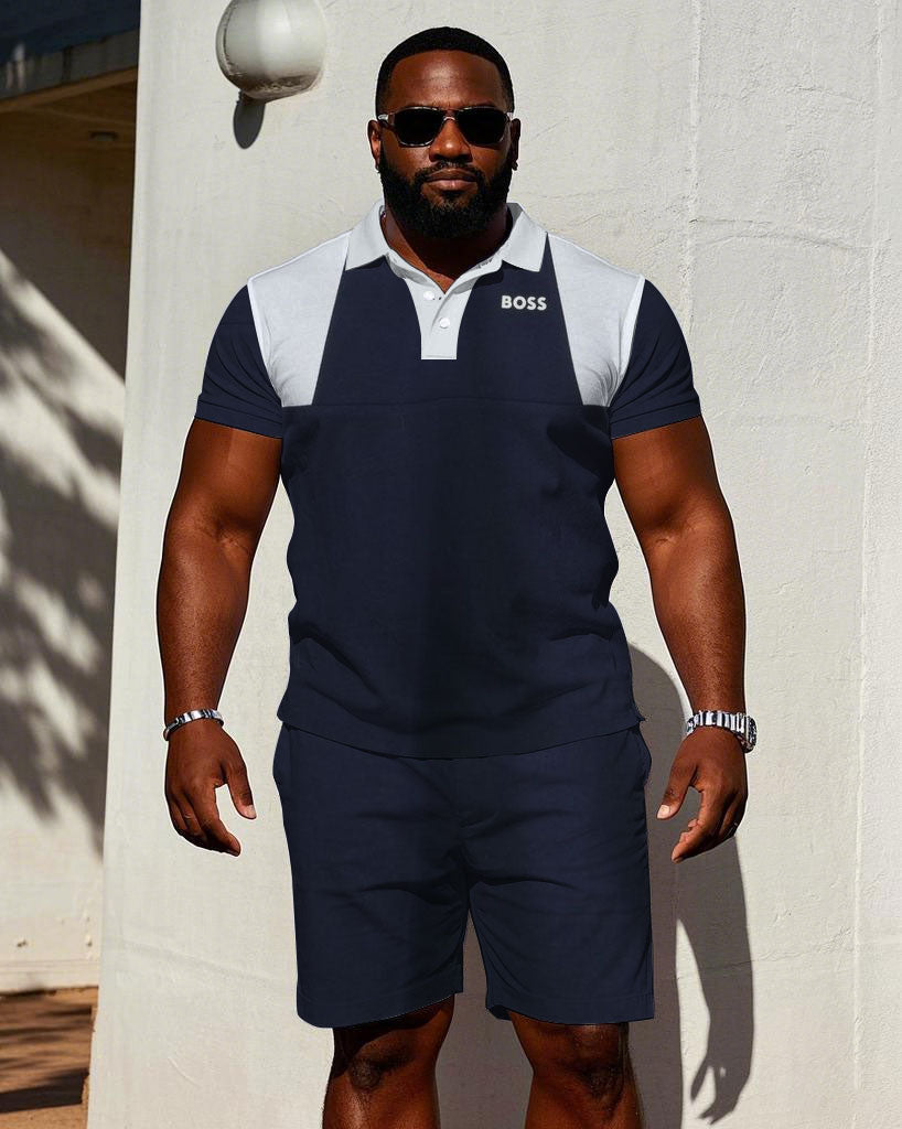 Big & Tall Blue Hawaiian Colorblock Polo Shorts Set for big men view 1