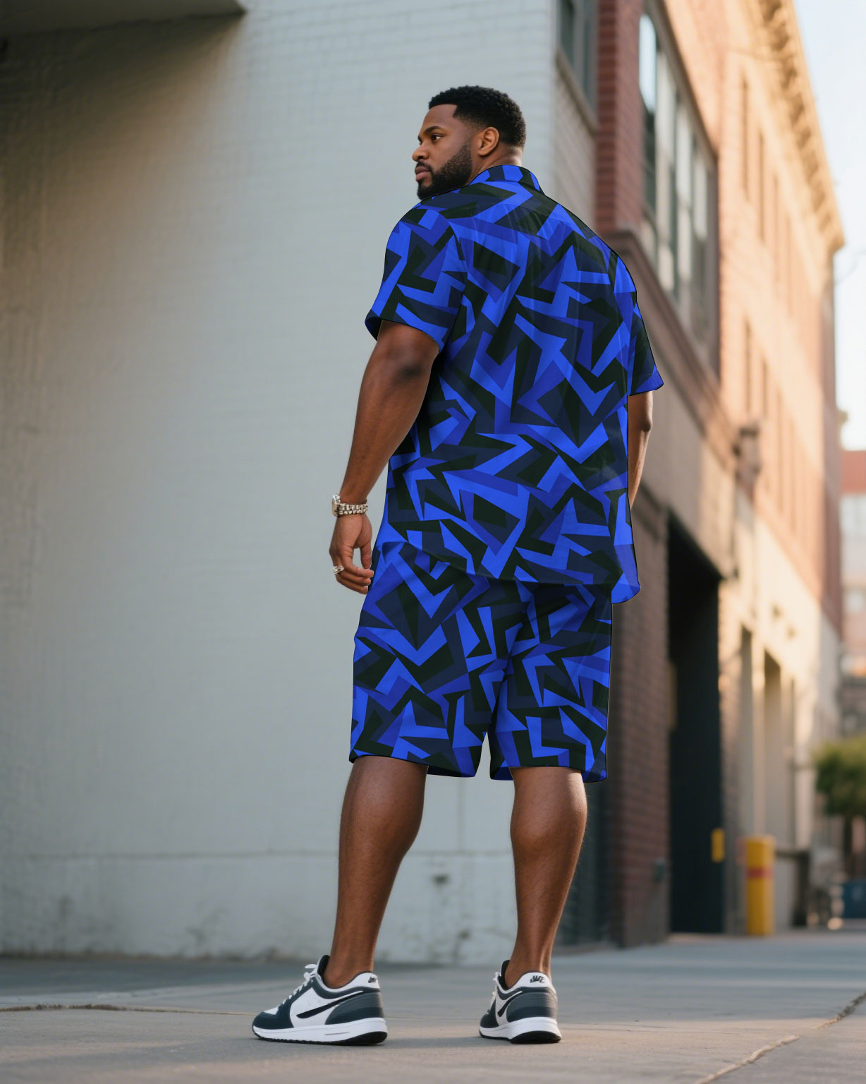 Big & Tall Blue Geometric Graphic T-Shirt Shorts Set for big men view 1