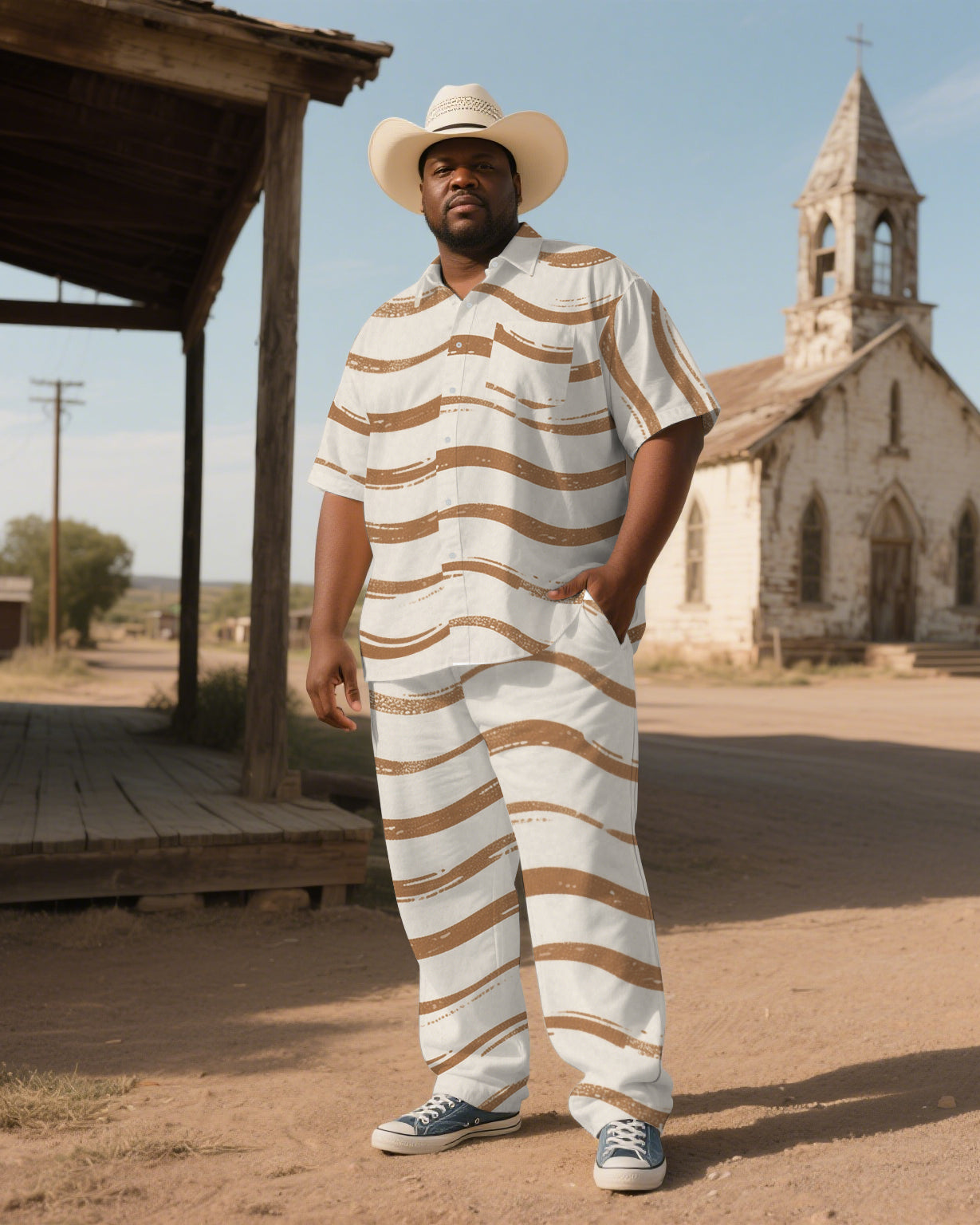 Big & Tall Western Striped T-Shirt Pants Set for big men view 2
