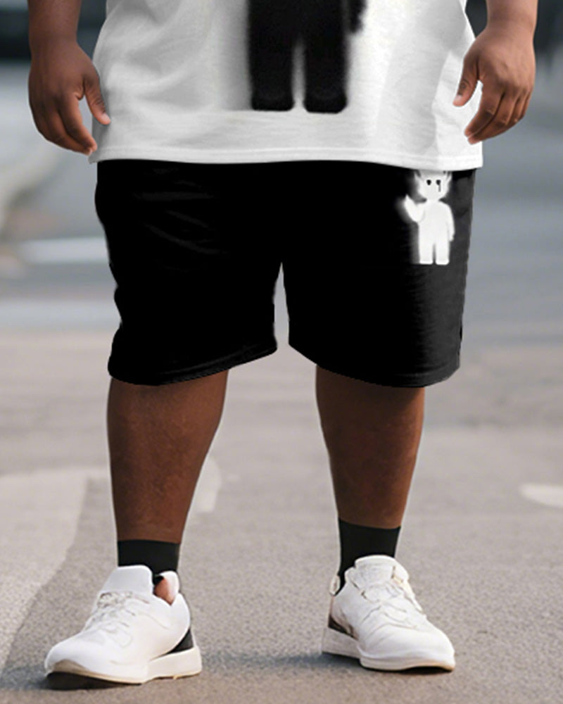 Big & Tall Black White Graphic T-Shirt Shorts Set for big men view 3