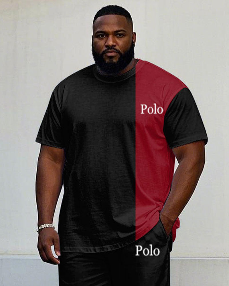 Big & Tall Black Red Colorblock T-Shirt Pants Set for big men view 2