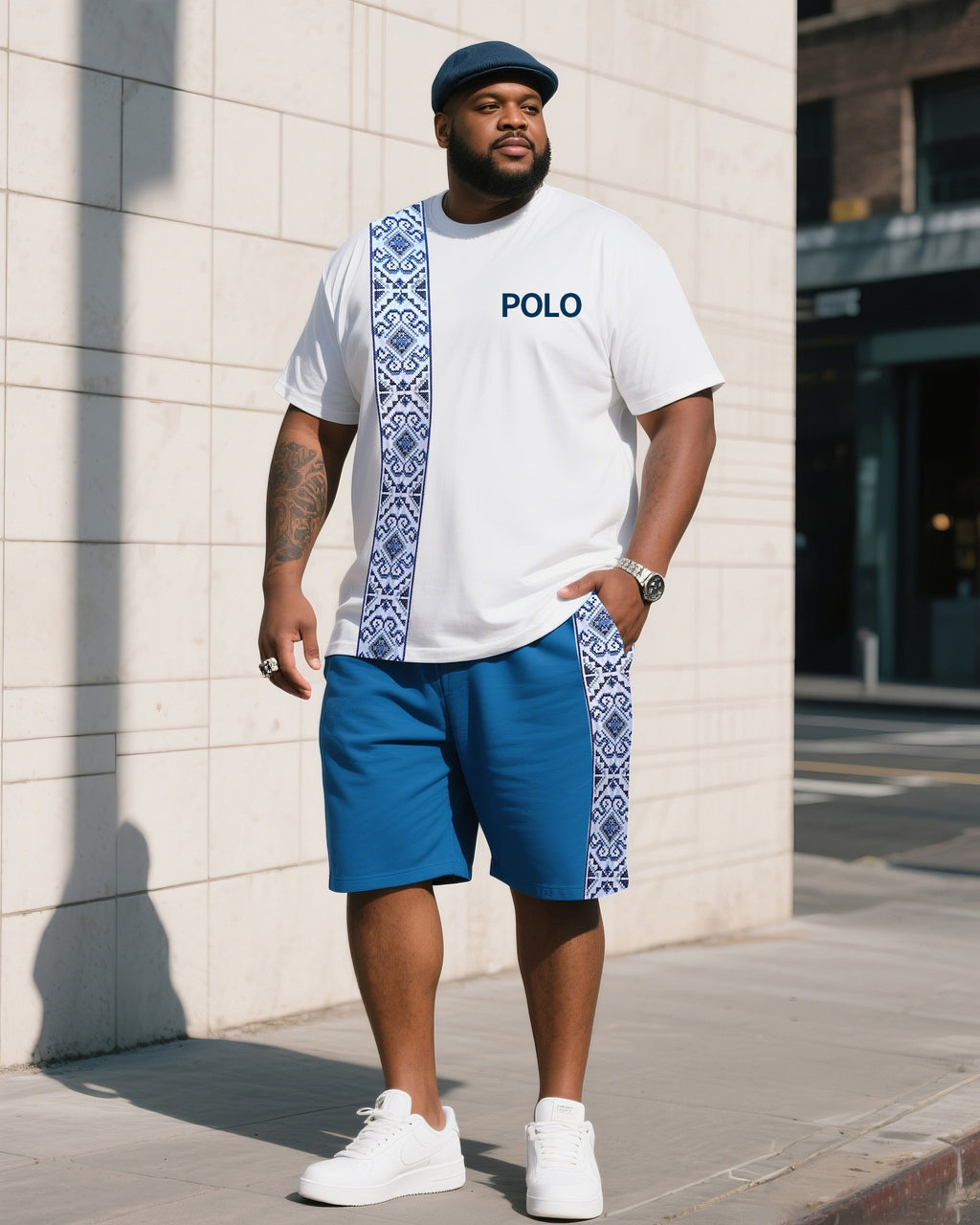 Big & Tall White Blue Striped T-Shirt Shorts Set for big men view 1