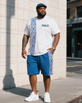 Big & Tall White Blue Striped T-Shirt Shorts Set for big men view 1