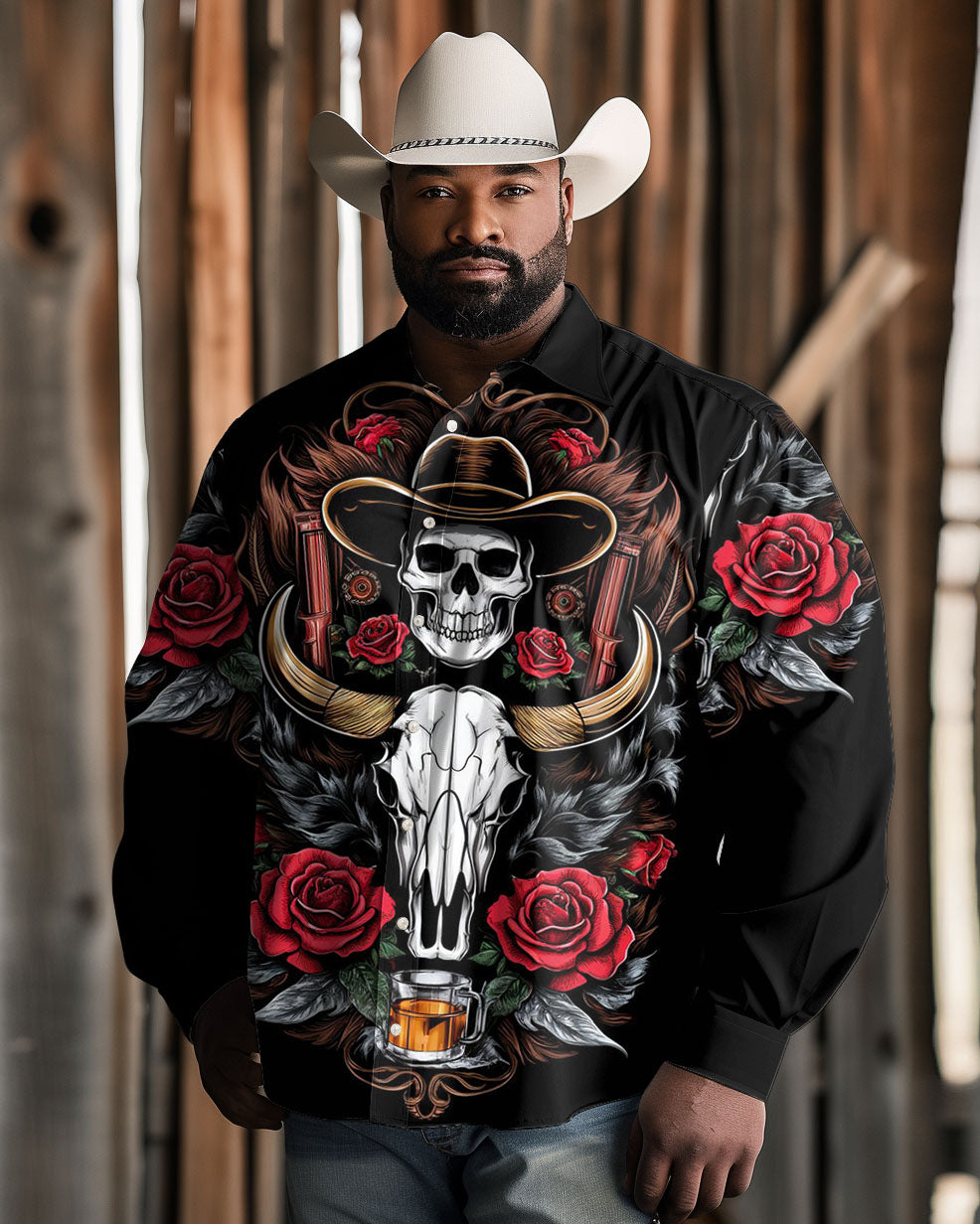Big & Tall Western Denim Skull Long Sleeve Shirt for big men