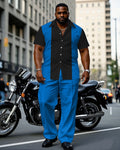 Big & Tall Black Blue Colorblock T-Shirt Pants Set for big men view 1